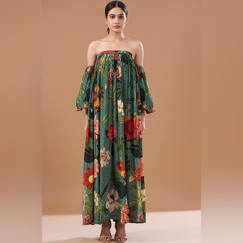 Siddhartha Bansal Green Smocked Maxi Dress with Puff Sleeves
